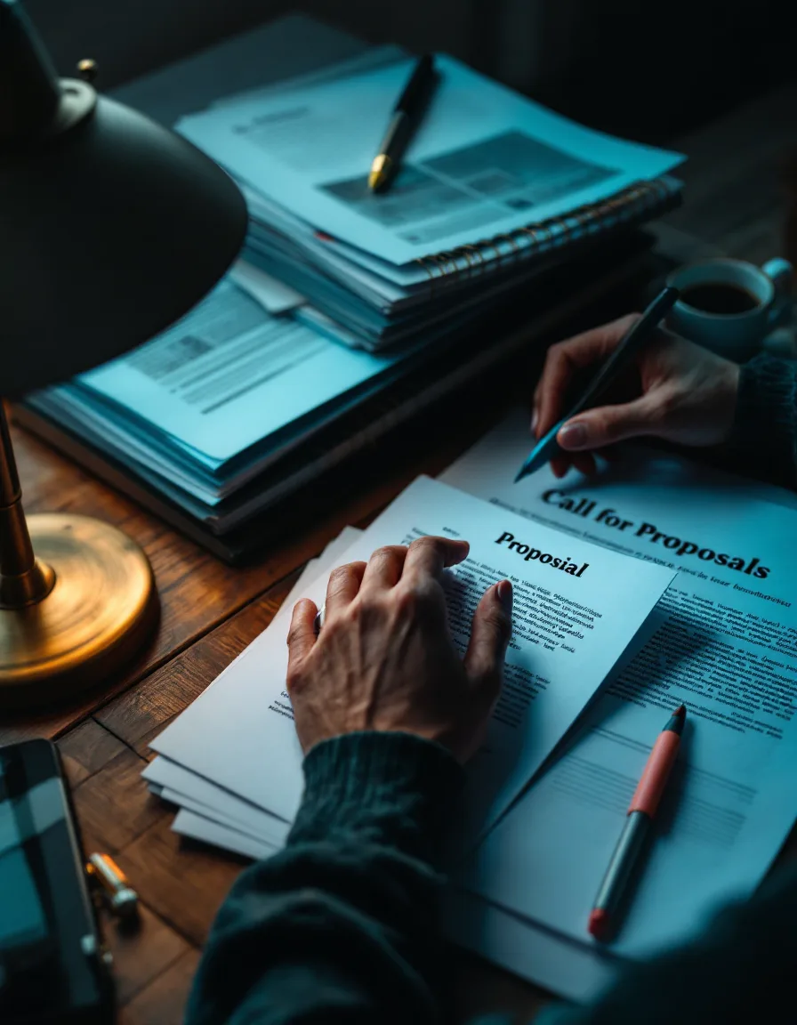 A grant writer's hands on printed proposal pages beside a lamp, highlighter and coffee-marked legal pad