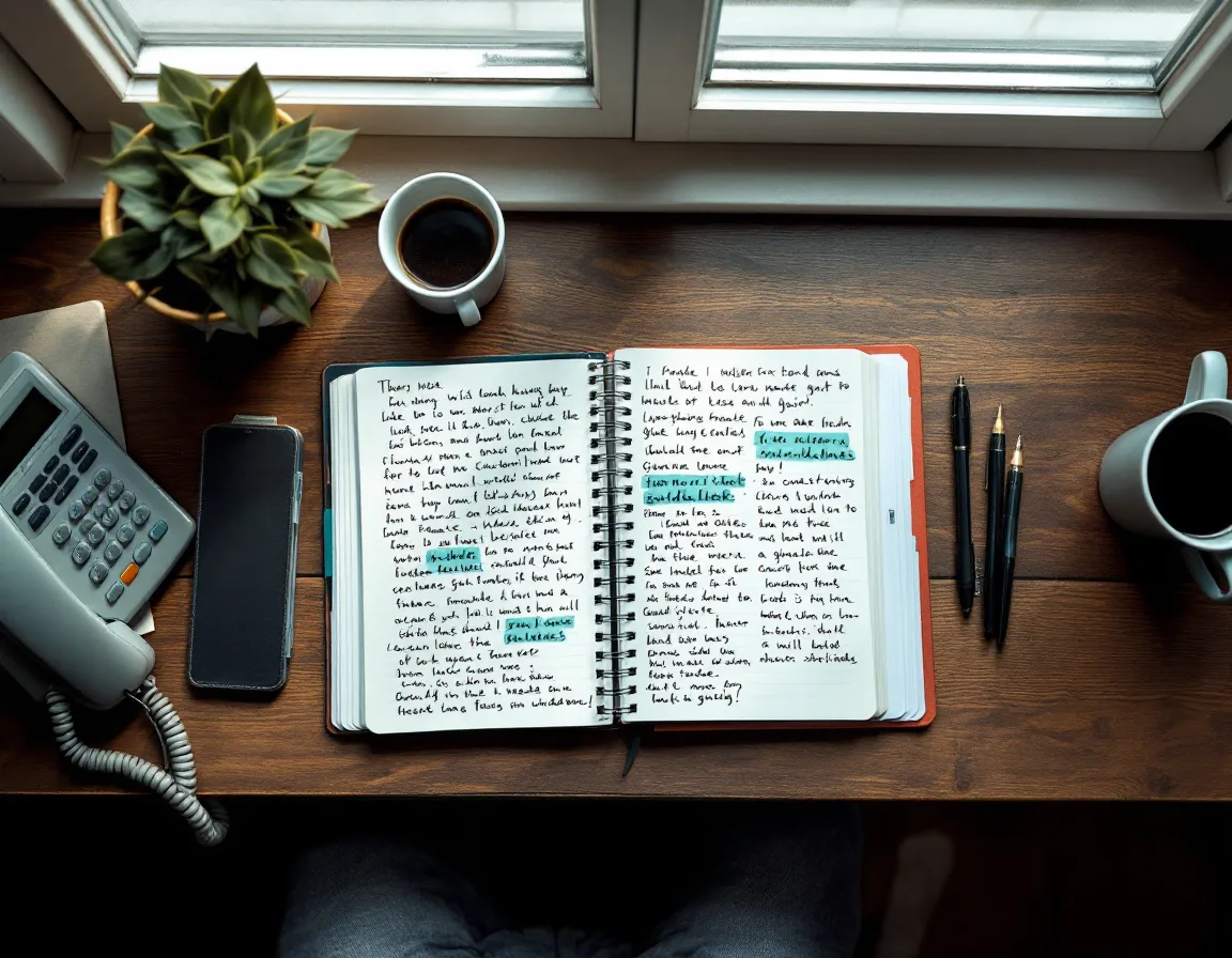 A grant writer's desk by a window with a notebook, phone, coffee and highlighted funder guidelines in morning light
