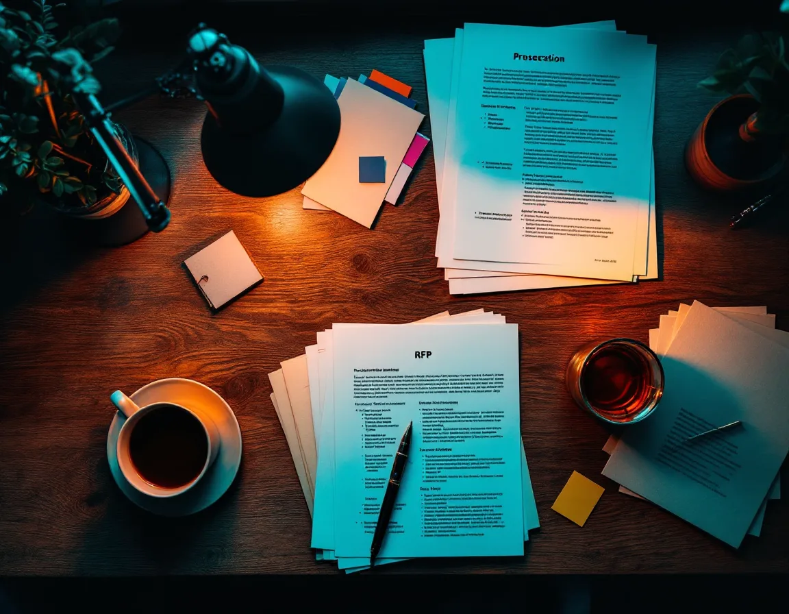 Overhead view of a grant writer's desk with printed proposal pages, pen and highlighted funding guidelines under lamplight