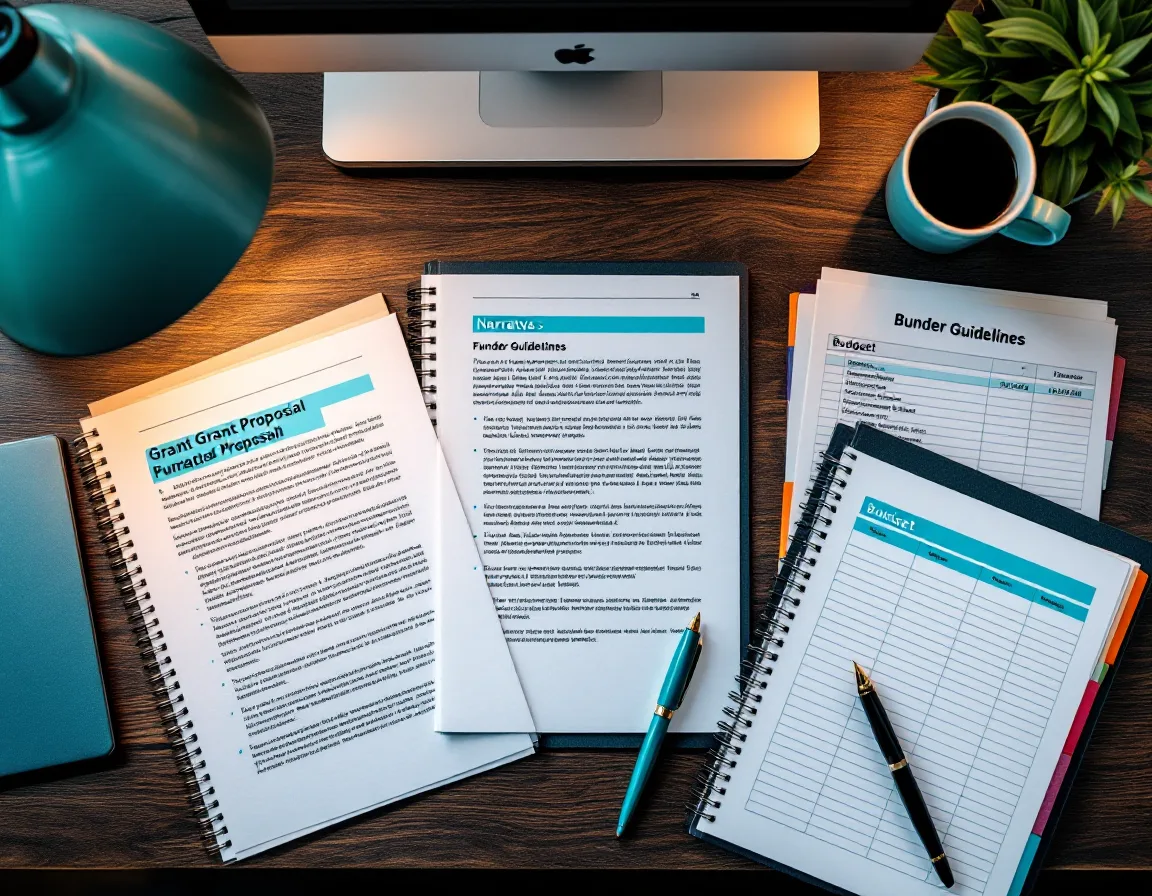 Grant proposal pages, a budget spreadsheet and a pen laid out on a dark desk under warm light
